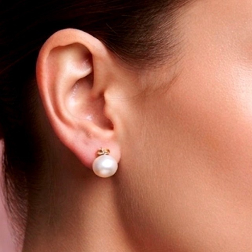 Gold Pearl Studs, Genuine Freshwater White Pearl Earrings